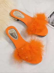 Women's Low Heel Slip-On Fur Slippers, Comfortable Plush Feather Fluffy Mule Sandals, Indoor Outdoor Two-Wear Casual Fashion Shoes