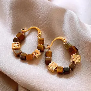 Vintage Brown Enamel Zircon Hoop Earrings for Women Exquisite Stainless Steel Beaded Earrings Wedding Bride Jewelry Accessory