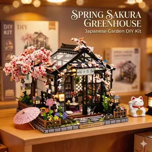 DIY Miniature House Kit with LED Light - Japanese Sakura Greenhouse Book Nook, 3D Wooden Puzzle Greenhouse Model, Creative Gift for Adults & Teens, Stress Relief Home Decor