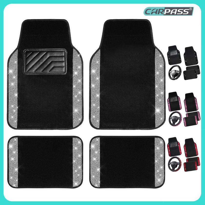 CAR PASS Bling Diamond Car Floor Mats,Shining Rhinestone Carpet Sparkly Glitter Anti-Slip Waterproof Universal Fit SUV,Sedan,Van,Cute Girl Women,4pcs