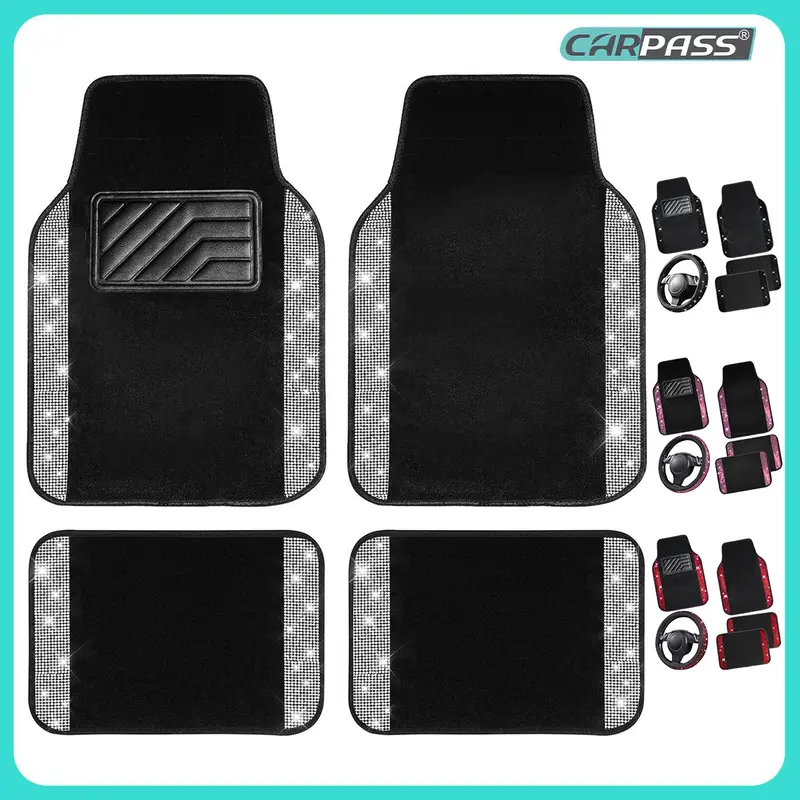 CAR PASS Bling Diamond Car Floor Mats,Shining Rhinestone Carpet Sparkly Glitter Anti-Slip Waterproof Universal Fit SUV,Sedan,Van,Cute Girl Women,4pcs