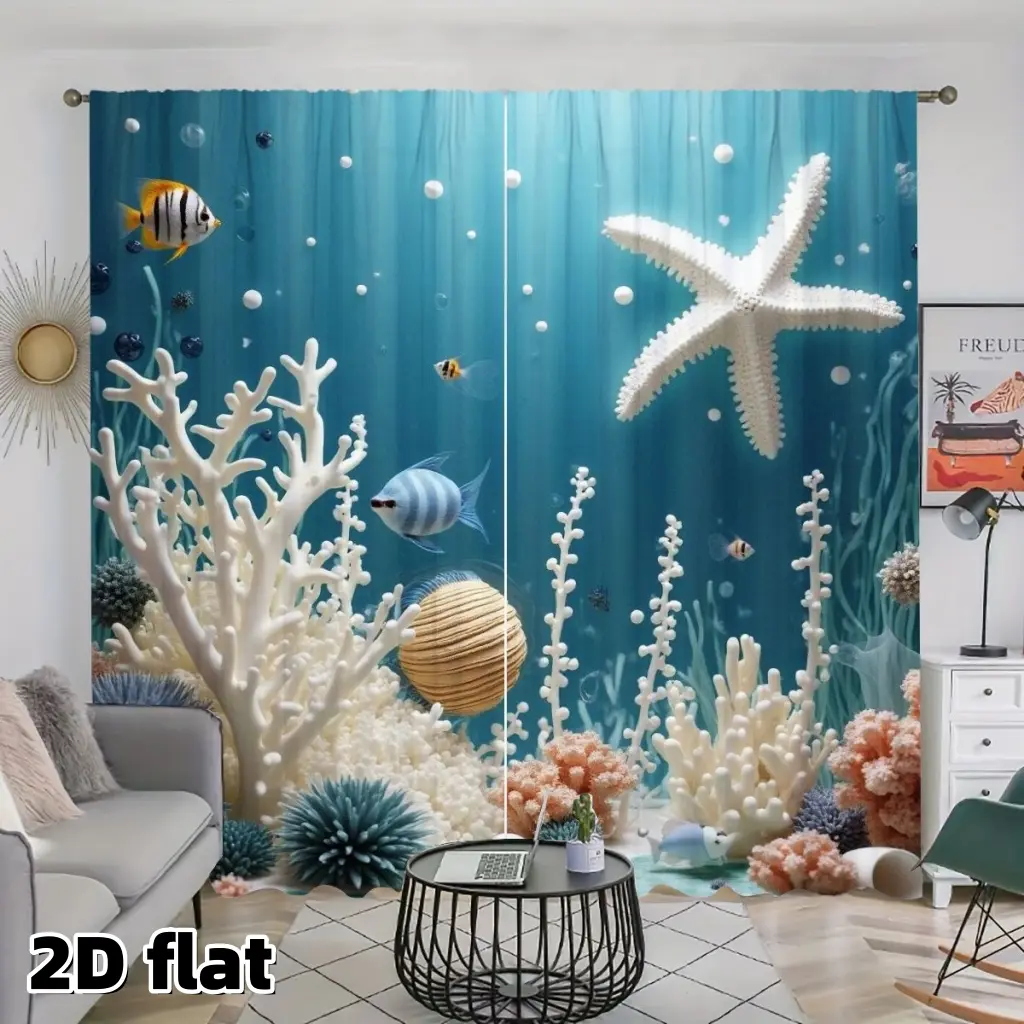 2D Flat 2Pcs Ocean Underwater Theme Curtains, Home Decorative Curtain, Coral Reef Starfish Design, Rod Pocket Style, Semi Sheer Polyester Fiber, Suitable for Living Room, Bedroom, Kitchen, Tropical Sea Life Decor, Blue Aquarium Printing Window Drapes
