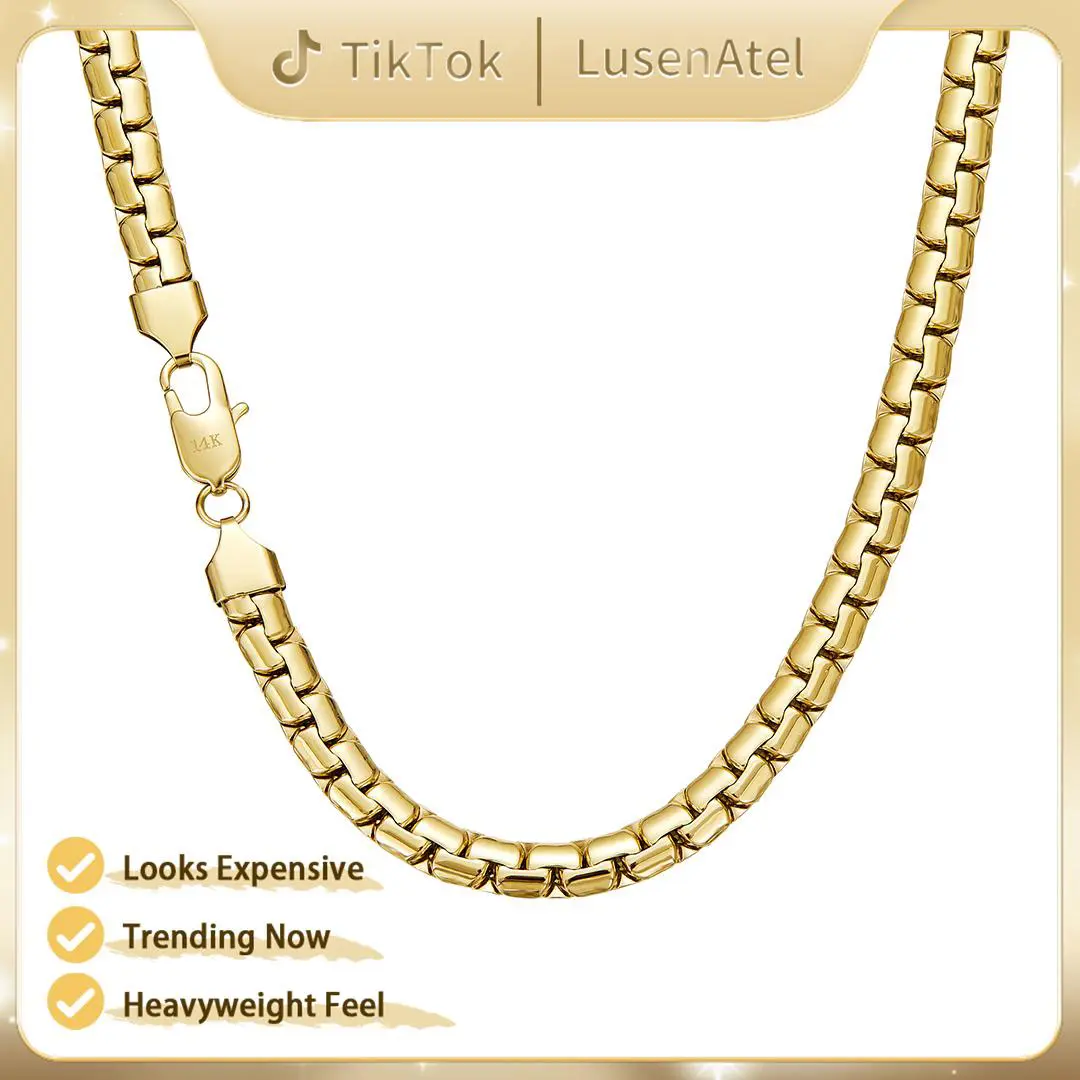 Lusen Atel 14K Gold Plated Box Link Chain Necklace for Men Women, Smooth Gold Rectangle Link Necklace, Minimalist Layering Chain, Streetwear Fashion Jewelry, 16/18/20/24in