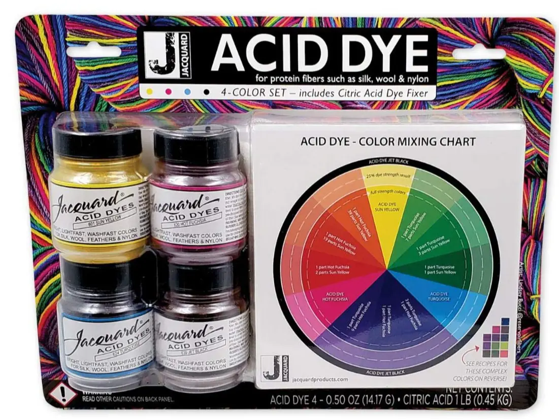 Jacquard Acid Dye 4-Color Set with Citric Acid, Bright Fabric Dye for Wool, Silk, Nylon, Yarn and Garments, Includes Mixing Chart and 1 lb Dye Fixer