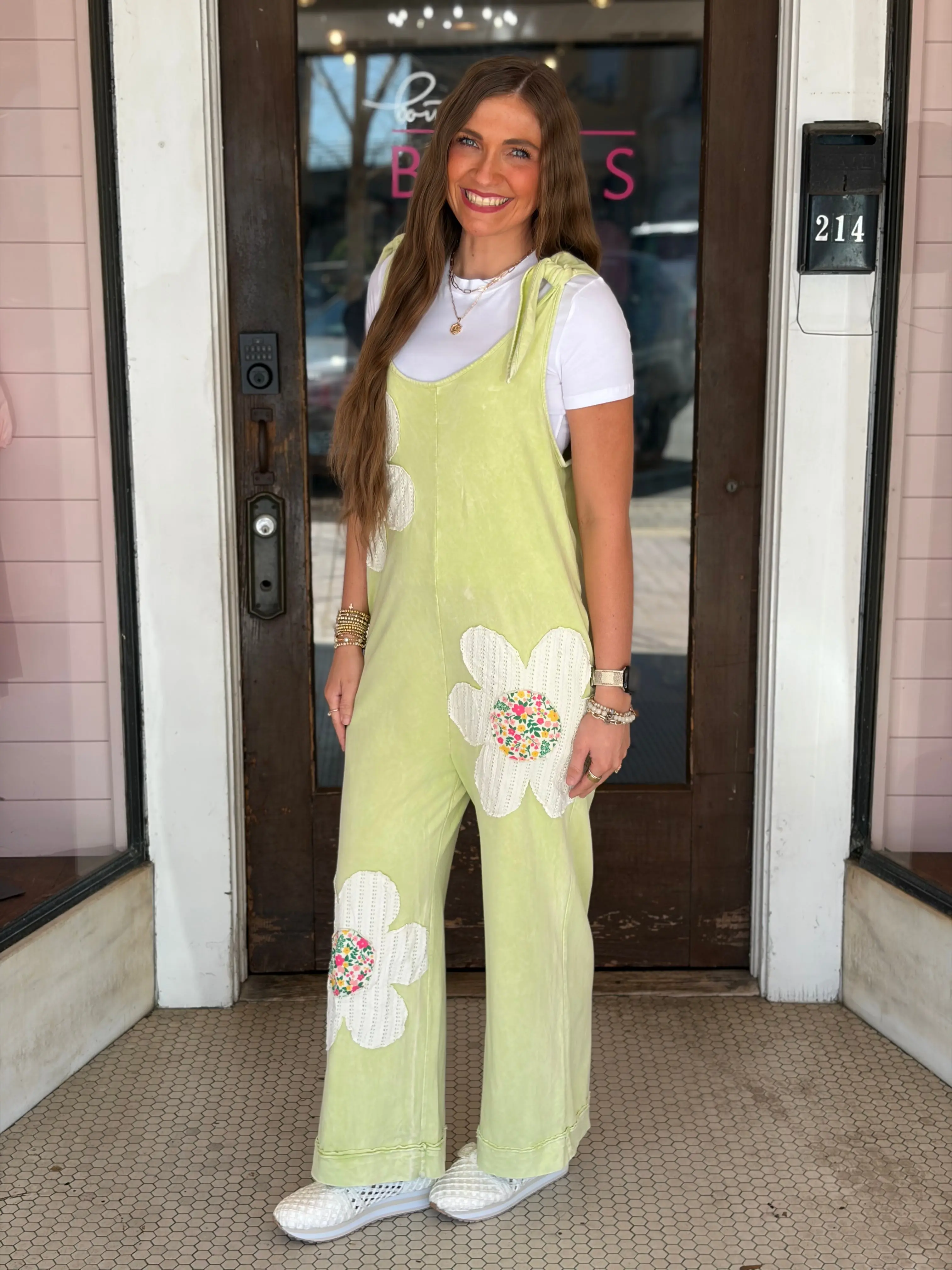 Flower Patched Bow Spring Jumpsuit Lime Cream