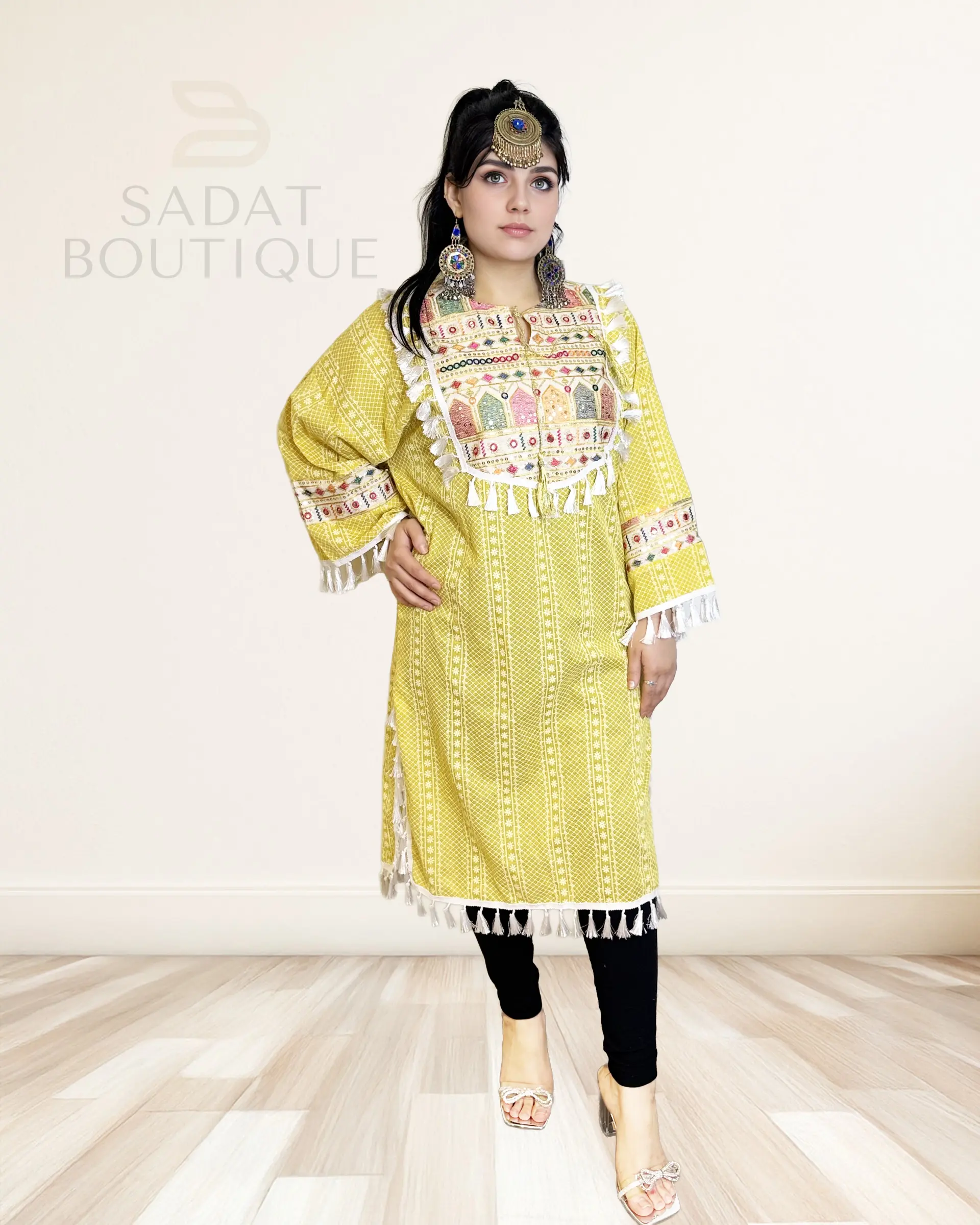 Sadat Boutique Nargis Women's Punjabi Kurti, Embroidered Long Sleeve Cotton Top with Tassel Trim, Casual Daily Wear Shirt, Lady, Shirts