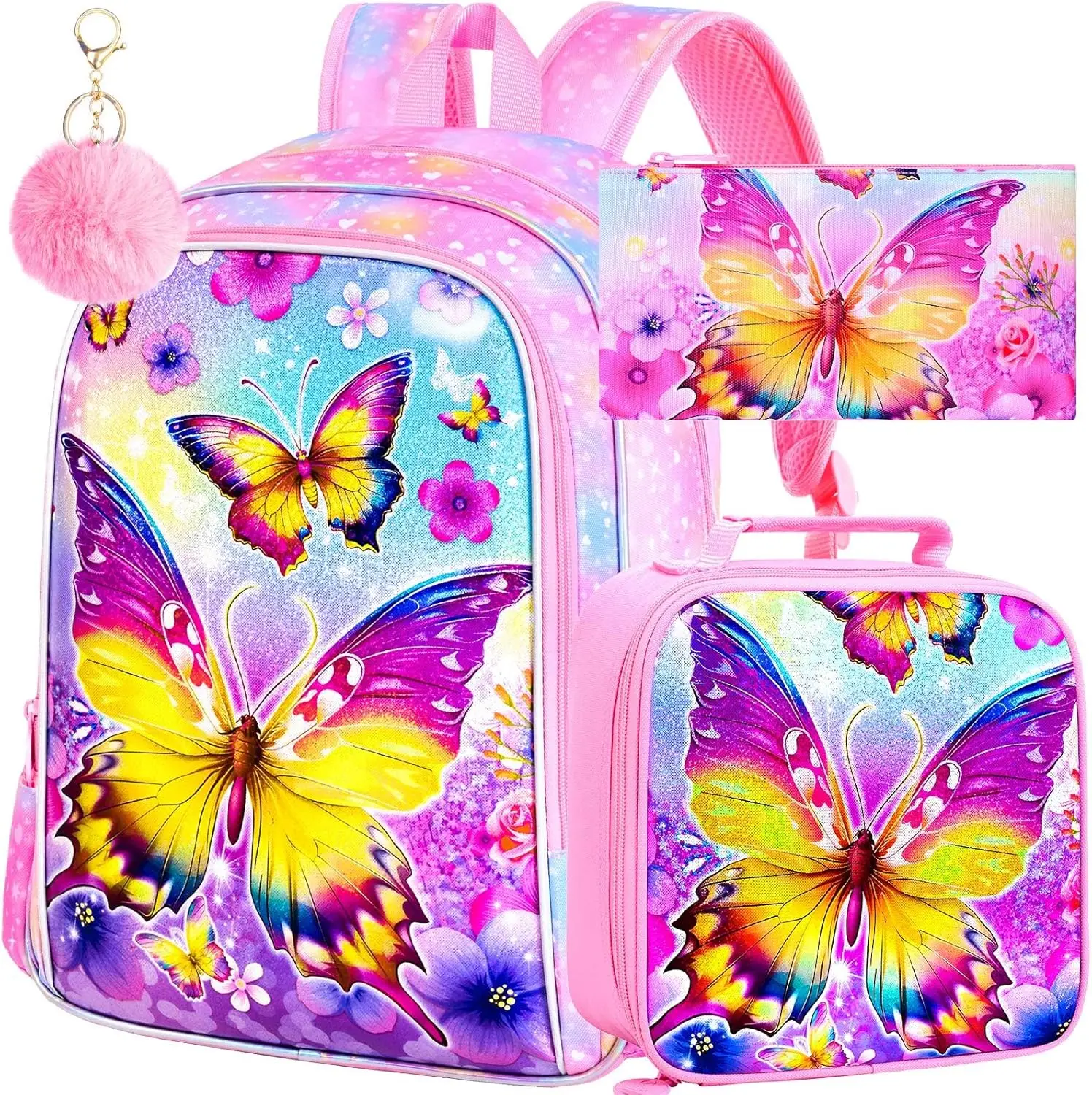 3PCS Butterfly Backpack for Girls, 16'' Kids Preschool Bookbag with Lunch Box, Cute Animal Water ResistantSchool Bag Set for Elementary Kindergarten T