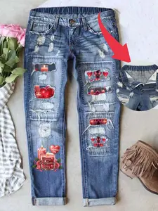 Women's Valentine Heart Patch Print Distressed Jeans Vintage Washed Look Cat Whisker Craftsmanship Elastic Waistband Long Denim Jeans