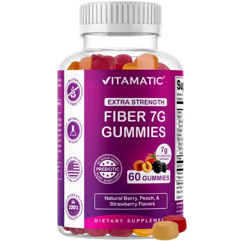 Vitamatic Extra Strength Prebiotic Fiber Gummies Supplement - 7g Fiber, 60 Pectin-Based Soft Chewables, Natural Daily Wellness Gummies Pack