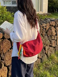 Large Capacity Nylon Moon Shape Shoulder Bag with Tassel Decoration, Casual Simple Lightweight Crossbody Bag for Women