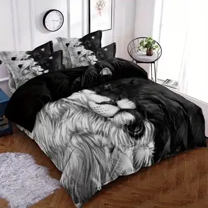 3pcs Face Lion Print Quilt Set, Soft Polyester Fabric, Zipper Design, Modern Style Bedding Essentials