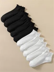 10 Pairs Women's Ankle Socks, Ruffle Trim Casual Socks, Soft Comfortable, All-Season, Simple Style, Daily Wear, Everyday, Basic