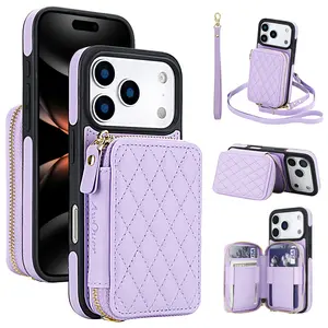 Zipper Wallet Case for iPhone 17 Pro Max 17 Air 16 15 14 13 Pro Max, Crossbody RFID Blocking Purse, Leather Card Holder Case, with Wrist Strap Lanyard Handbag