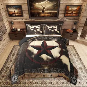 Cow Print Bedding Set,Retro Cowhide Comforter Set for Kids Teens,Adult,Geometric Western Texas Stars Print Duvet Insert Lightweight