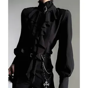 Dark Japanese Victorian Vintage Gothic Blouse Black Lantern Sleeve Ruffle Shirt Harajuku Y2K Punk Streetwear Cosplay Top