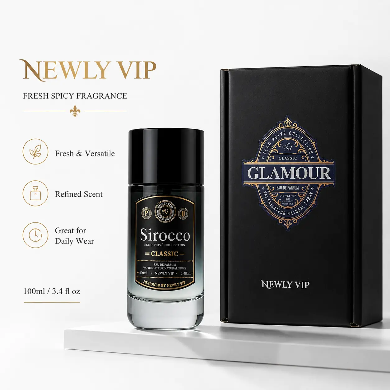 NEWLY VIP Sirocco Classic Men's Eau de Parfum, Fresh Spicy Bergamot & Lavender Scent with Cedarwood and Musk, Long-Lasting Fragrance, 100ml