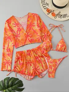 Women's Plants Print Bikini Set, Casual Fashion Chic Swimsuit Set for Beach Holiday Vacation, Ladies Swimwear for All Seasons