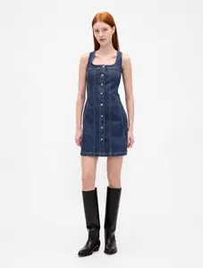 Denim Seamed Button-Front Mini Dress