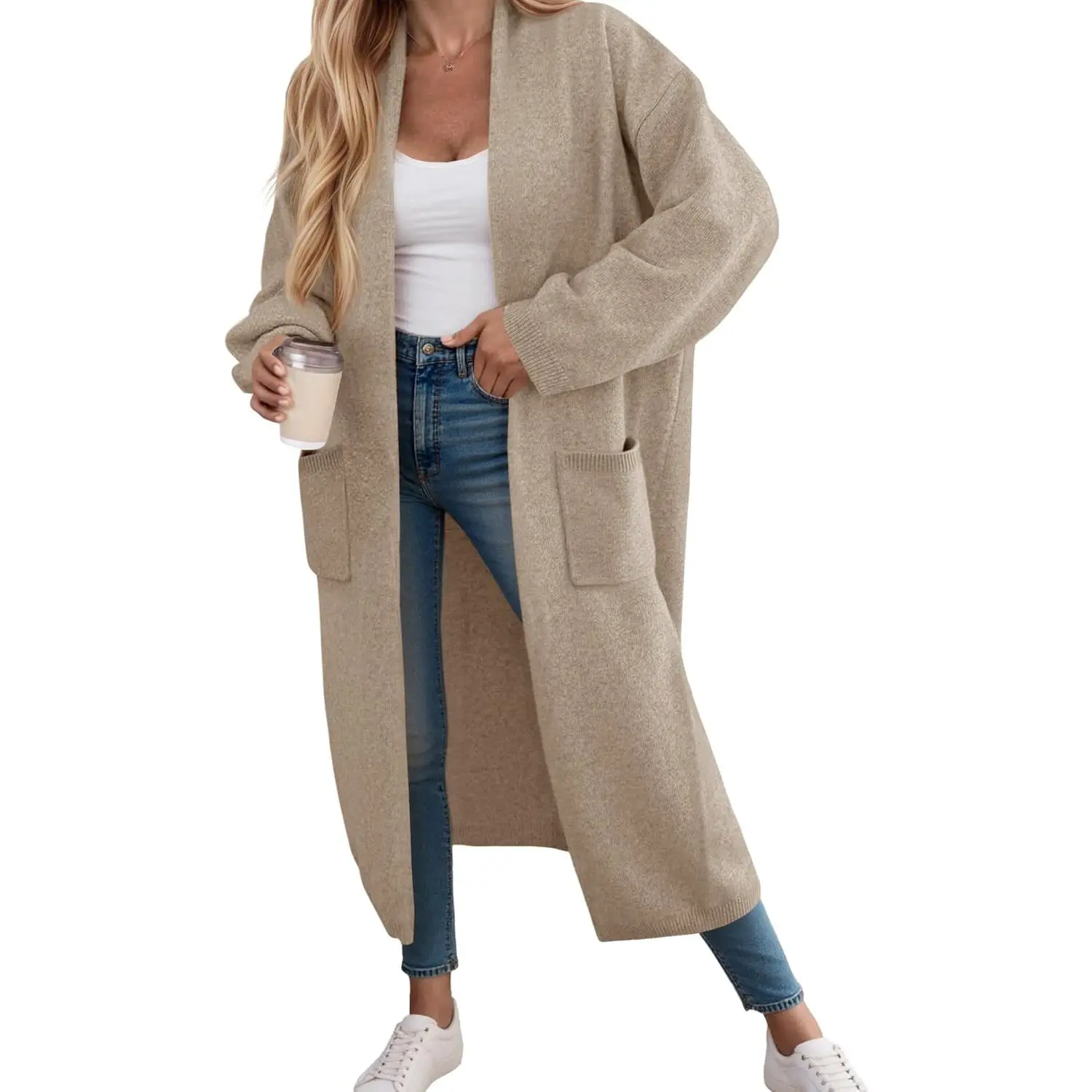 FMEYOA Womens Long Cardigan Sweaters Chunky Knit Open Front Long Sleeve Casual Duster Coat Jackets with Pockets