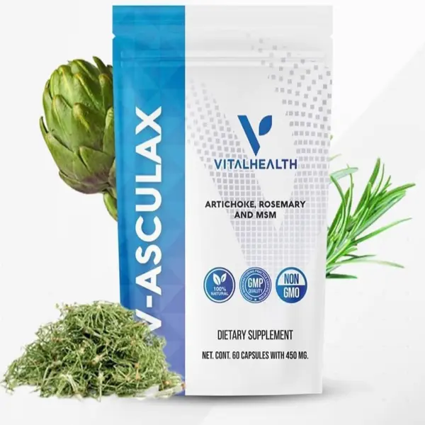 Vital Health V-ASCULAX - Artichoke Rosemary & MSM Supplement for Circulation & Wellbeing - 100% Natural Vegan Non-GMO GMP Certified - 60 Capsules
