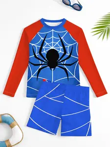 Boys Spider Print Shorts Long Sleeve T-Shirt Set, Comfortable Quick Dry Fabric, Casual Sports Clothing Set for Outdoor Activities