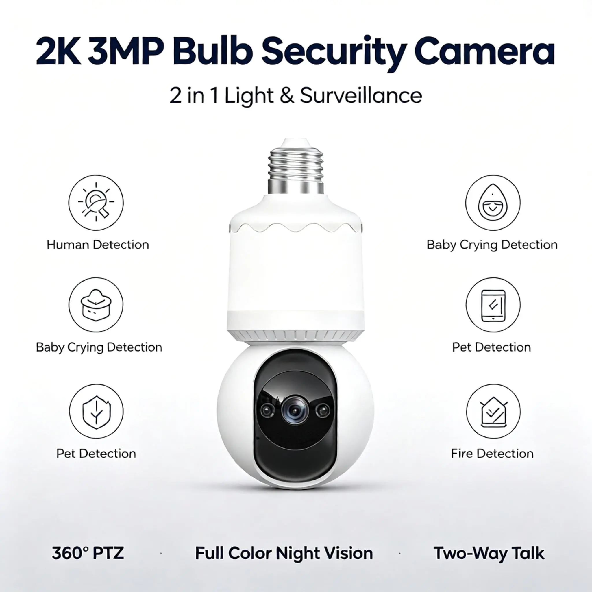 E27 Socket Mount WiFi6 2-in-1 Bulb Security Camera, 2K 3MP Resolution, AI Detect (Human/Pet/Fire), 360° PTZ, Full-Color Night Vision, 2-Way Talk, Yoosee APP Compatible