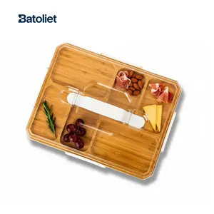 Charcuterie Board,Portable 6-Compartment Snack & Cold Cuts Serving Tray With Lid ,Features A Transparent Locking Lid And White Carrying Handle; Designed For Travel, Also Doubles As A Cheese Board Or Kitchen Cutting Board