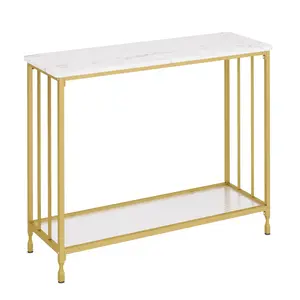 【GARVEE】Narrow Console Tables with Glass Shelf and Metal Frame, Available in 33.5" and 41.5" Lengths, Featuring Fluted Glass Design, Adjustable Footpads, and Industrial or Vintage Wood Grain Styles for Living Room, Foyer, Bedroom