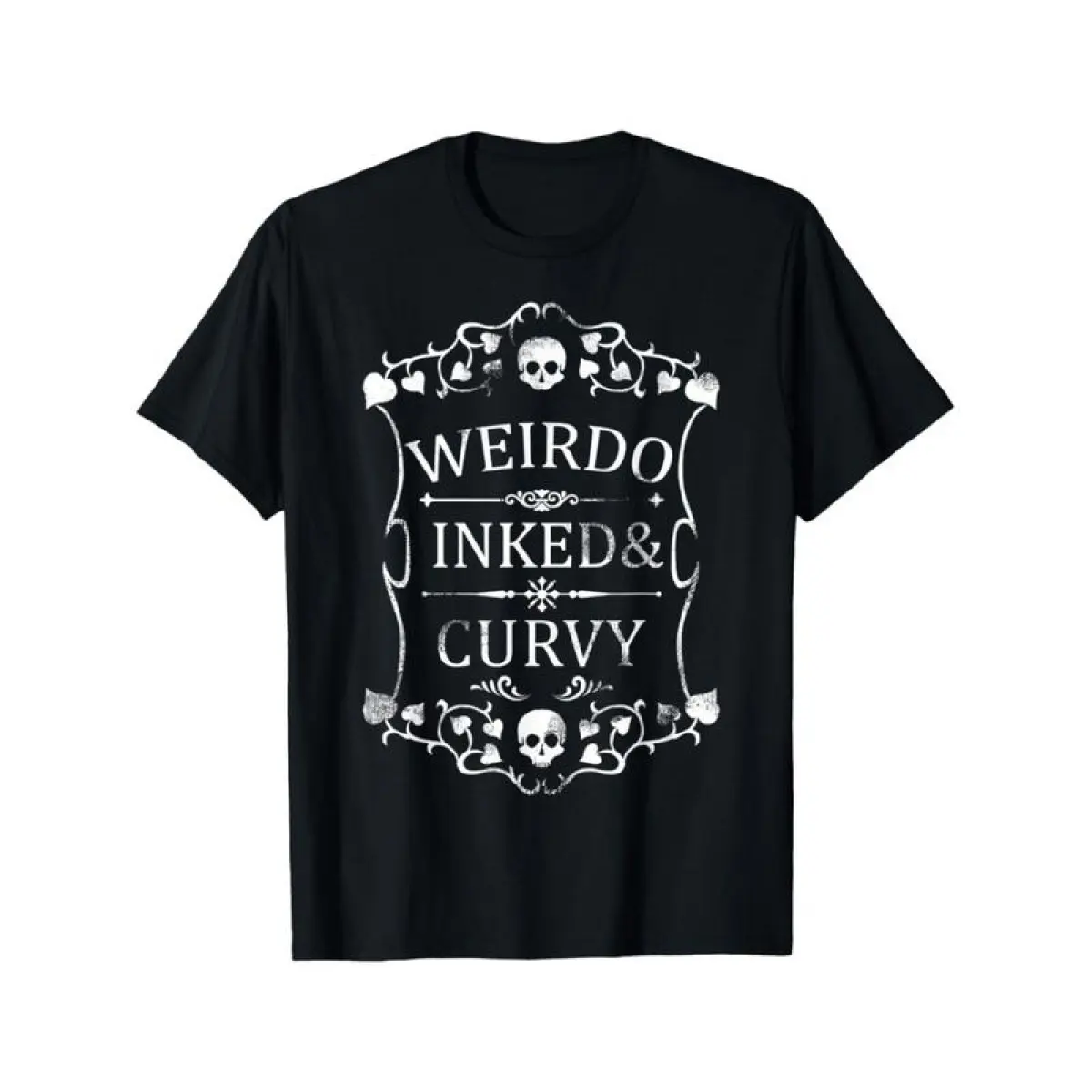 Plus Size Women'S Gothic Skull & Floral Print T-Shirt - "Weird Inked & Curvy" Edgy Graphic Tee, Black Round Neck Short Sleeve Casual Top For Summer