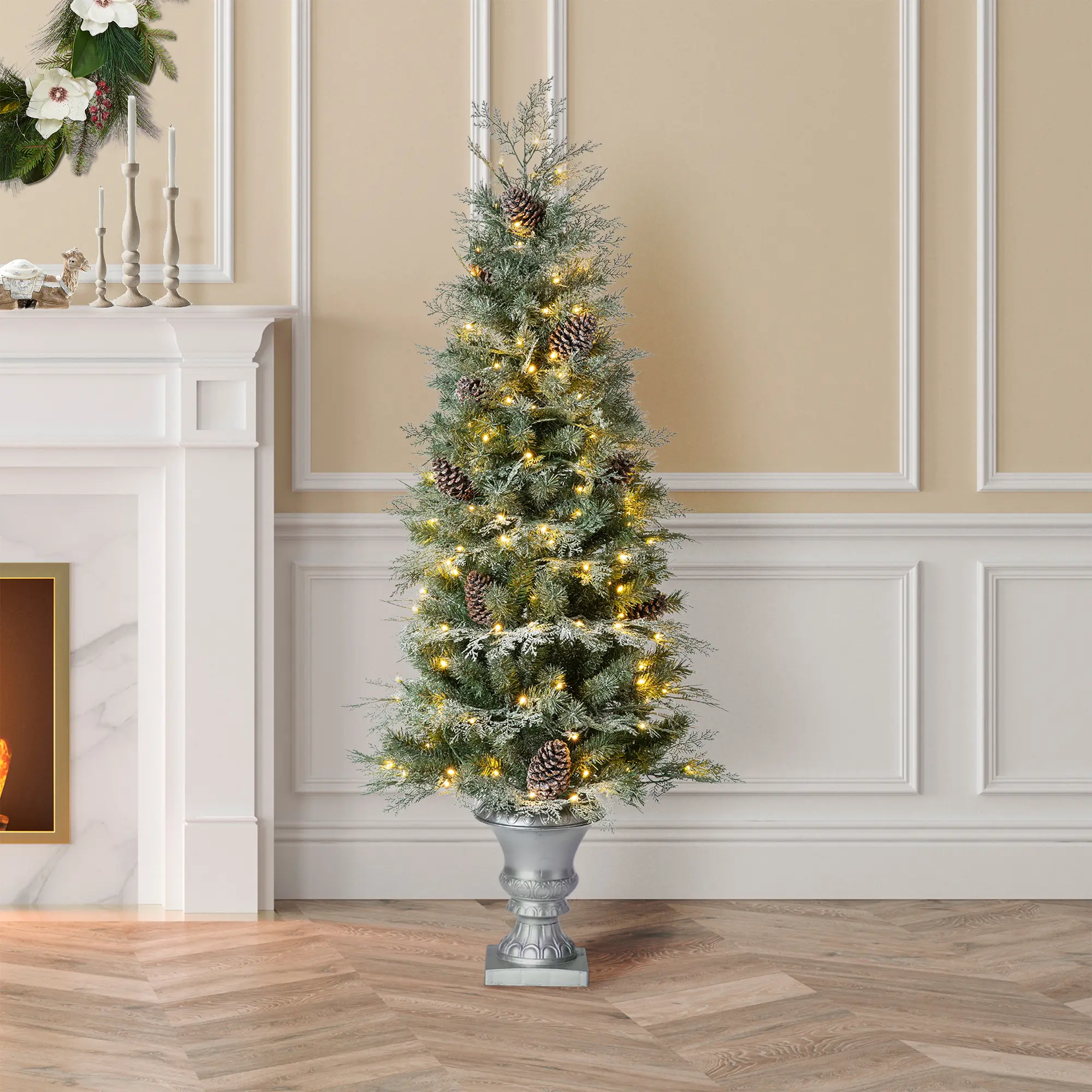 【Christmas in July】 Glitzhome 4ft/5ft Pre-Lit Pine Artificial Christmas Porch Tree with Warm White Lights and Pinecones