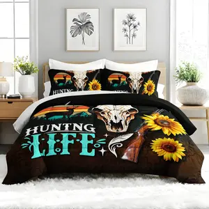 3pcs Hunting Skull Deer Sunflower Comforter Set, Western Rustic Themed Duvet Set for Girls and Adults Bedroom or Guest Room Decor, Lightweight Soft All Seasons Comforter Machine Washable Microfiber Quilt with 2 Pillowcases, Gifts for the Family