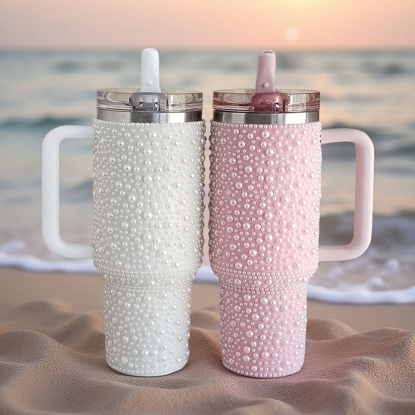 1pc 40oz  tumbler Light Luxury Pearl Full Diamond Ice Dominator Cup with Handle Straw Stainless Steel Insulated Cup High-Beauty Coffee Cup Car Mount Large Capacity Travel Water Cup