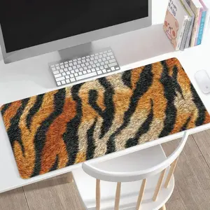 White Computer Desk Setup with Realistic Tiger Fur Pattern Mouse Pad - Matching White Keyboard, Mouse, Books, Cartoon Bookend, & Wooden Chair for Organized Home Office Workspace
