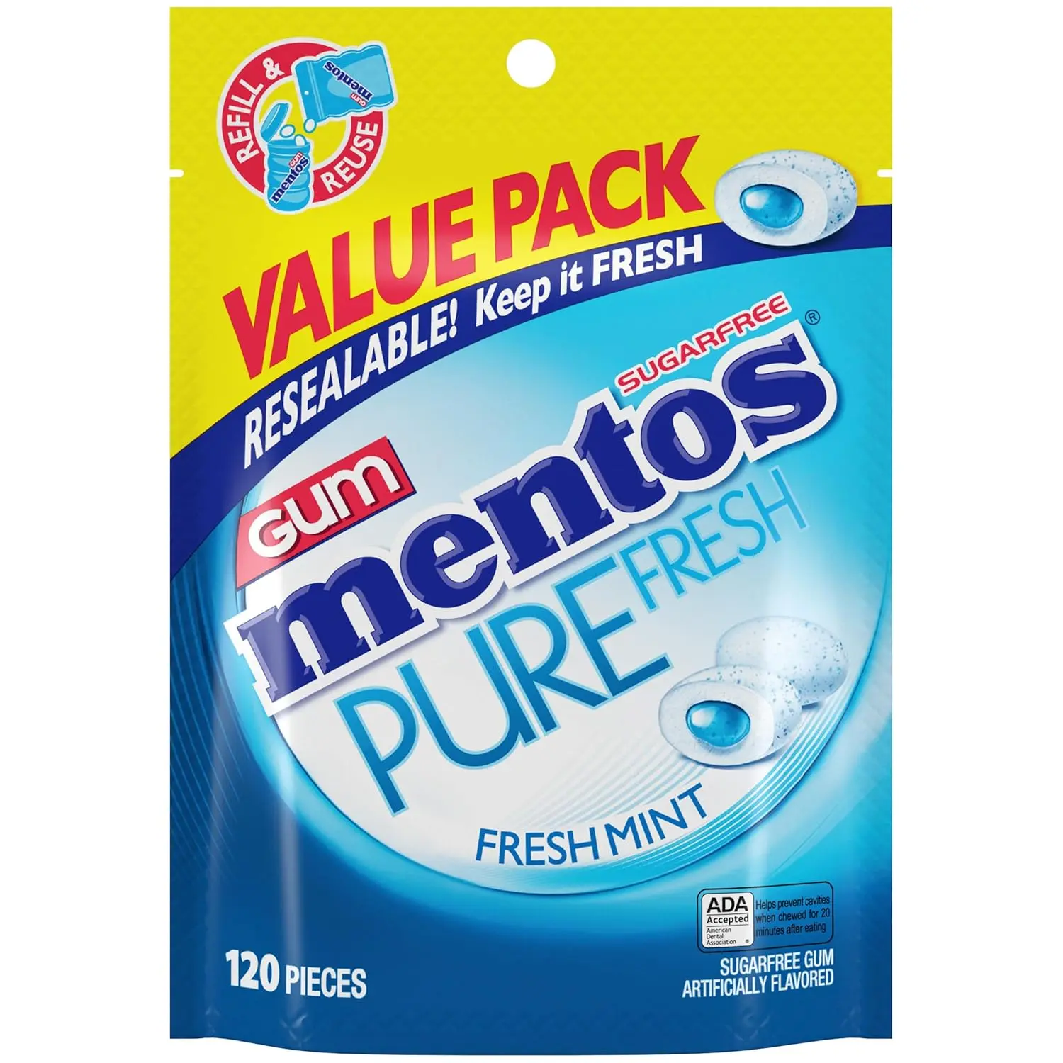 Mentos Pure Fresh Sugar Free Gum With Xylitol, Fresh Mint, 120 Piece Bag