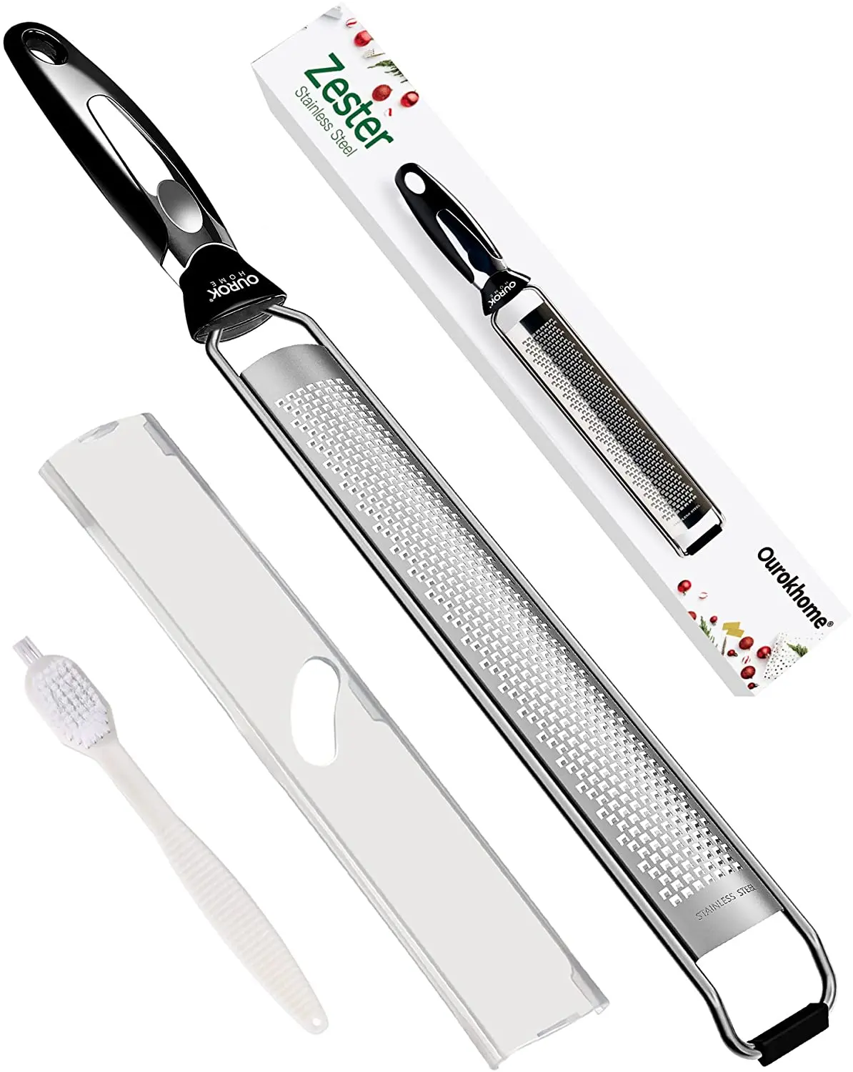 Ourokhome Kitchen Lemon Zester, Stainless Steel Hand Held Parmesan Cheese Grater for Ginger, Chocolate, Coconut, Lime, Nutmeg, Citrus, Fruit, Vegetable with Cleaning Brush, Dishwasher Safe, Black Ourokhome