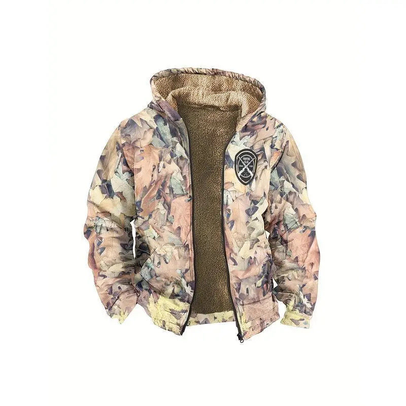 Men'S Camouflage Leaf Print Hooded Jacket with Fleece Lining - Casual Zip-Up Winter Outerwear, Camo Jacket, Warm Autumn Winter Wear Menswear Coats Can be used with raincoat Men'S Camouflage Leaf Print Hooded Jacket with Fleece Lining - Casual Zip-Up Winter Outerwear, Camo Jacket, Warm Autumn Winter Wear Menswear Coats Can be used with raincoat