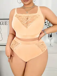 Women's Plus Size Bra Pant Set, Strapless Adjustable Shoulder Straps, Lace Trim, Smooth Comfortable Elastic Fabric, Sexy Lingerie Set, Underwear Sets