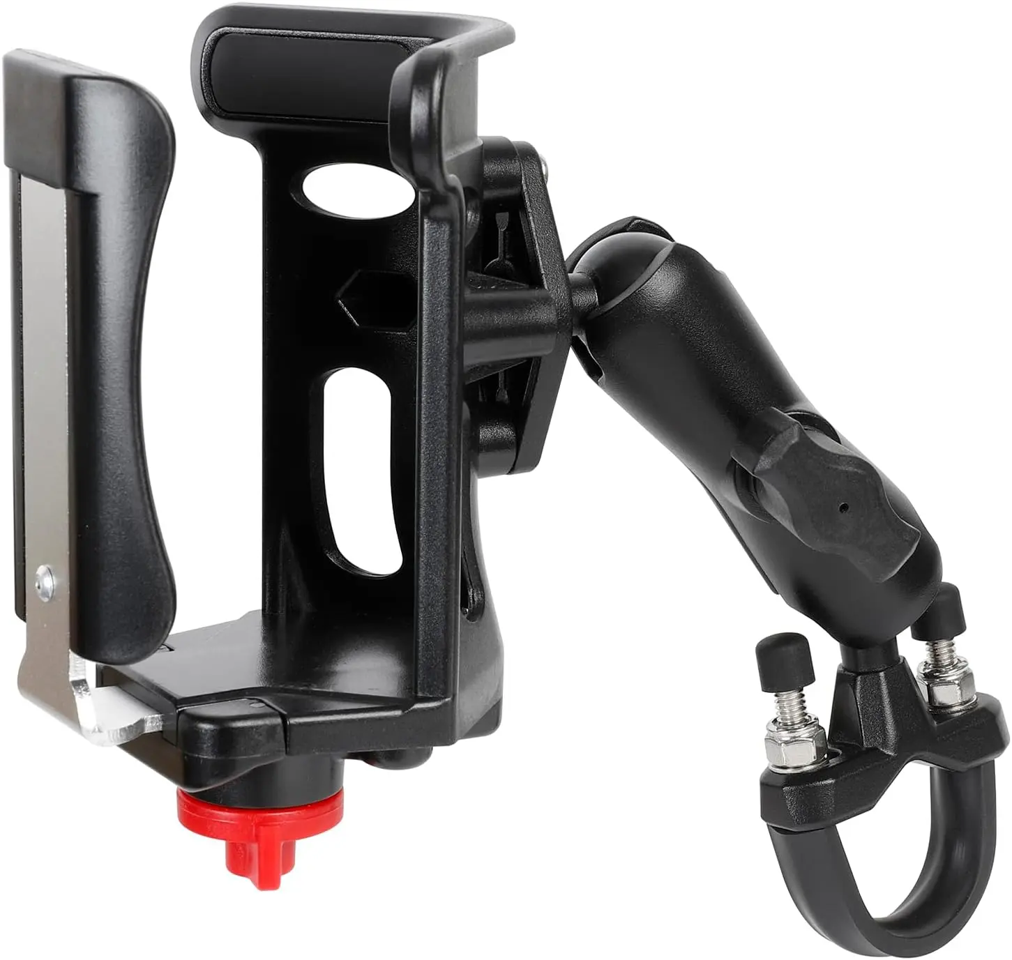 Heavy Duty Motorcycle Cup Holder, Metal Handlebar Mount for Harley Bike ATV | Dual 360° swivel keeps drink level. Fits 0.5-1.3" bars & 2.36-3.54" water bottles. Non-slip, holds up to 32oz. Durable alloy.