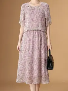 Boho Floral Dress, Round Neck Hollow Out Beaded Collar, High Waist Flared Skirt, Summer Spring Casual Fashion Women