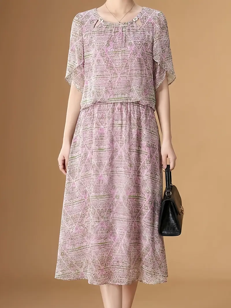 chinese dress ladies Short Sleeve Tie Neck Floral Mini Dress With Lace Trim