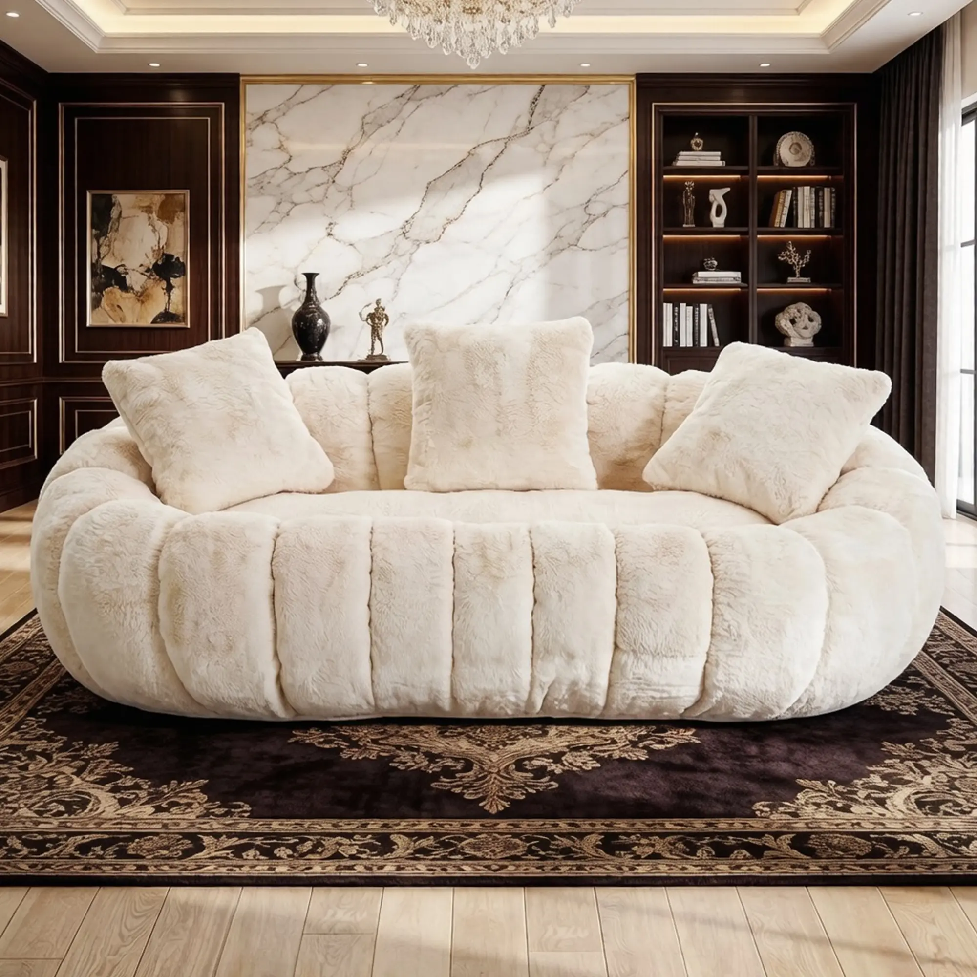 Boneless Cloud Couch, Lazy Floor Sofa with 3 Pillows, Puff Oversized Loveseat, 75.5" Loveseat, Soft Faux Fur Bean Bag Couch for Adults, No Assembly Oversized Floor Sofa, 2 Seater Sofa,Game Room Couch for Bedroom, Beige