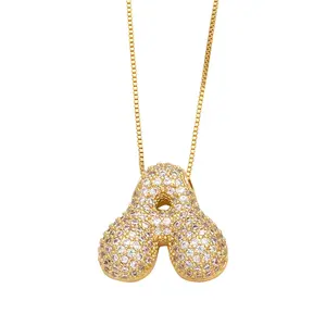Bubble Letter Necklace for Women, 14K Gold Plated Balloon Initial Pendant with Zirconia Accents, Trendy Casual Jewelry Birthday Gift for Women Girls