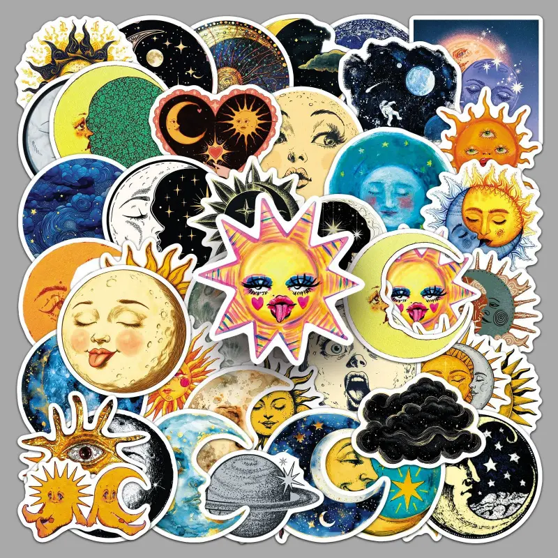 50PCS Vintage Celestial Sun Moon Aesthetic Vinyl Stickers Pack - Waterproof Mobile Phone Accessories, Decals for Laptop, Water Bottle - Astrology Mystic Stickers for Teens