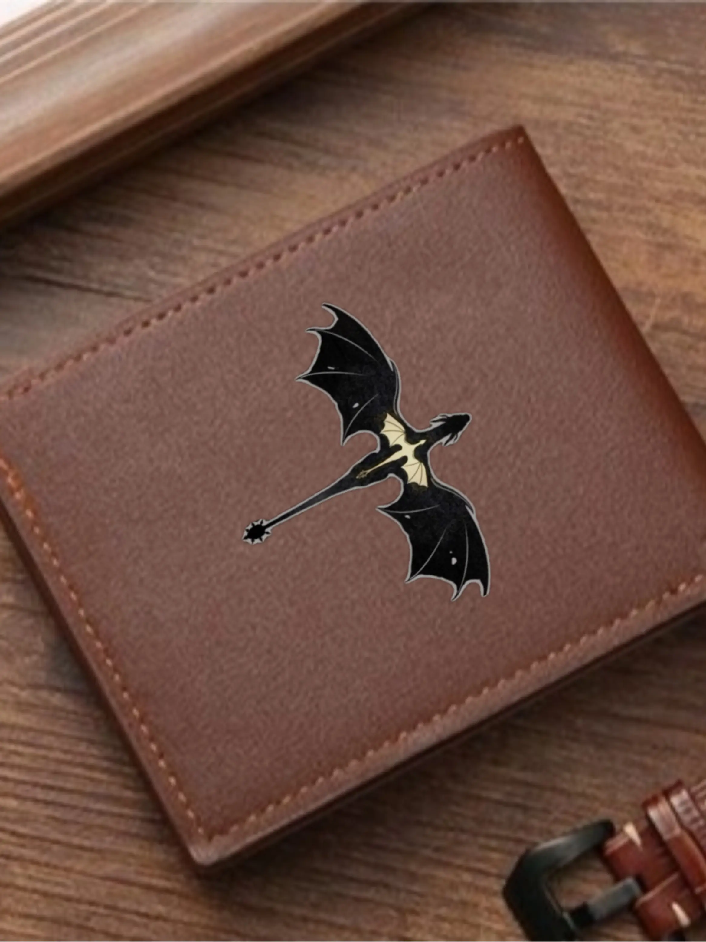 Men's Gold Dragon Leather Wallet, Simple Flying Dragon Print, Fantasy Creature Two-Fold Purse, PU Leather Card Holder