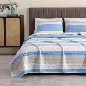 3-  Reversible Lightweight Quilt Comforter with 2 Shams | -Season, Modern, Striped Bedspreads | Blue and Taupe Striped Coverlet Sets | Bryce Quilts Collection