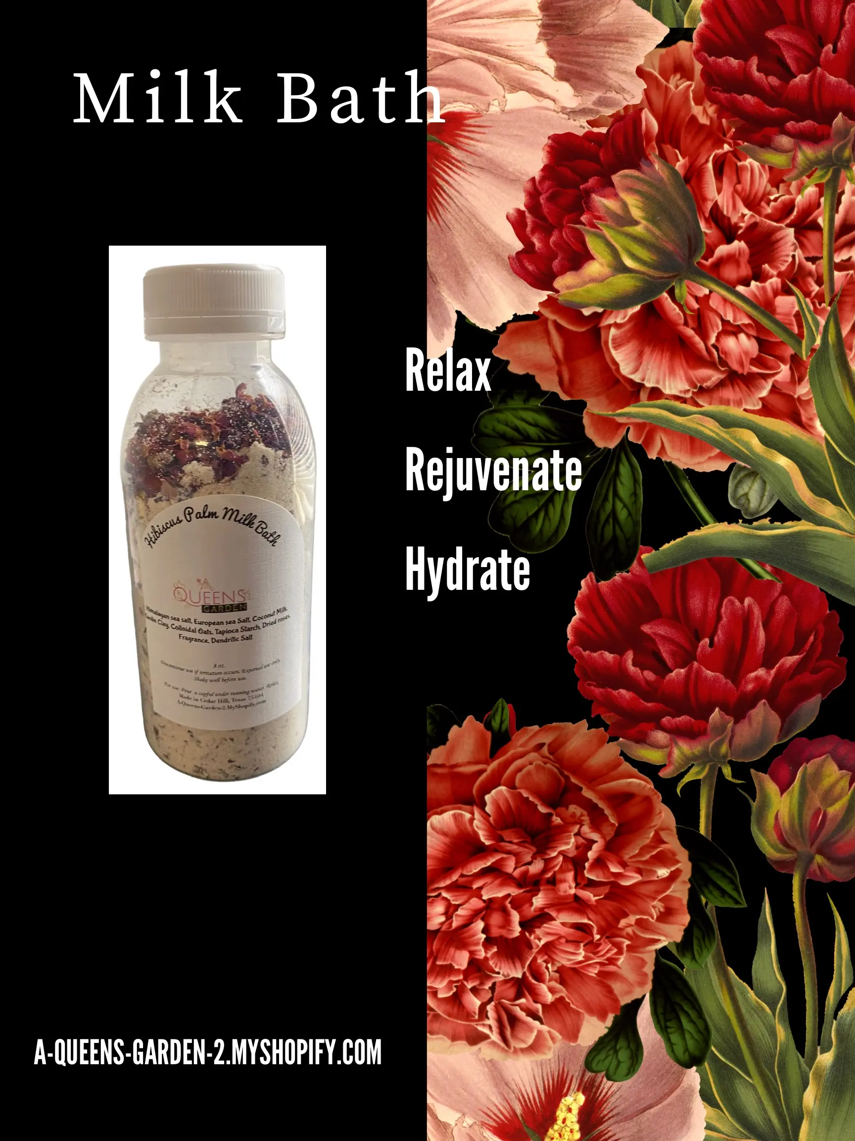 A Queens Garden Milk Bath with Coconut Milk, Colloidal Oats, and Dried Roses for Relaxation, Rejuvenation, Hydration, and Moisturization in a Hot Tub Body Care Cleansing