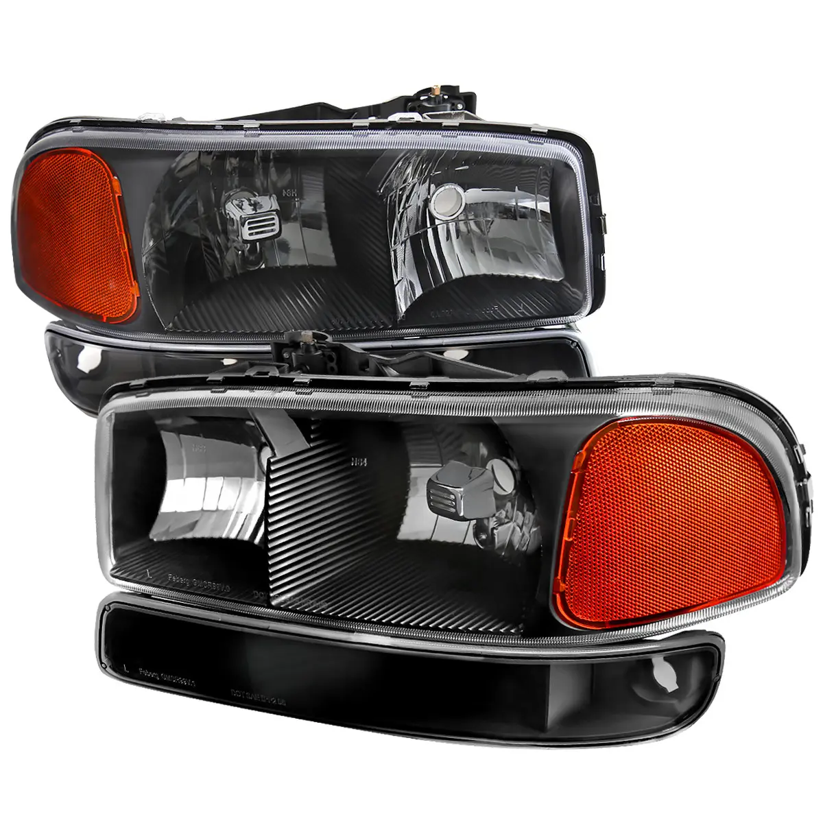 1999-2007 GMC Sierra/Yukon/Yukon XL Factory Style Crystal Headlights w/ Amber Reflector & Bumper Lights (Matte Black Housing/Clear Lens)