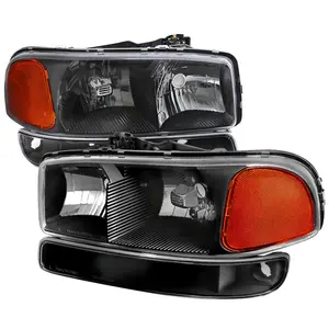 1999-2007 GMC Sierra/Yukon/Yukon XL Factory Style Crystal Headlights w/ Amber Reflector & Bumper Lights (Matte Black Housing/Clear Lens)