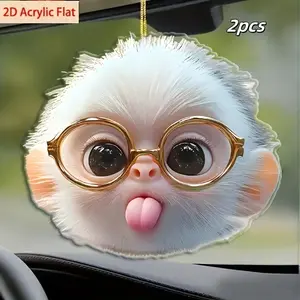 2pcs ,Cute Acrylic Car Hanging Ornaments, Car Interior Decoration, 2D Flat Monkey Keychain Backpack Decorations, Ideal Gift for Halloween Christmas Thanksgiving New Year