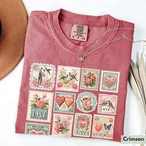 Comfort Colors Vintage Valentines Shirt Womens Valentine's Day Vibes Shirt Valentine Stamps Shirt Cute Gift for Best Friend Tee Love Shirt
